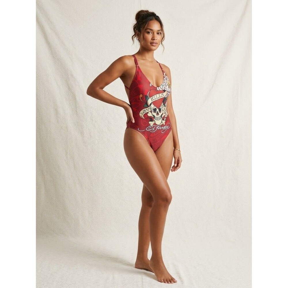 NWT ED HARDY Eternal Love Kills Slowly One-Piece Red Bathing Swim Suit, SMALL